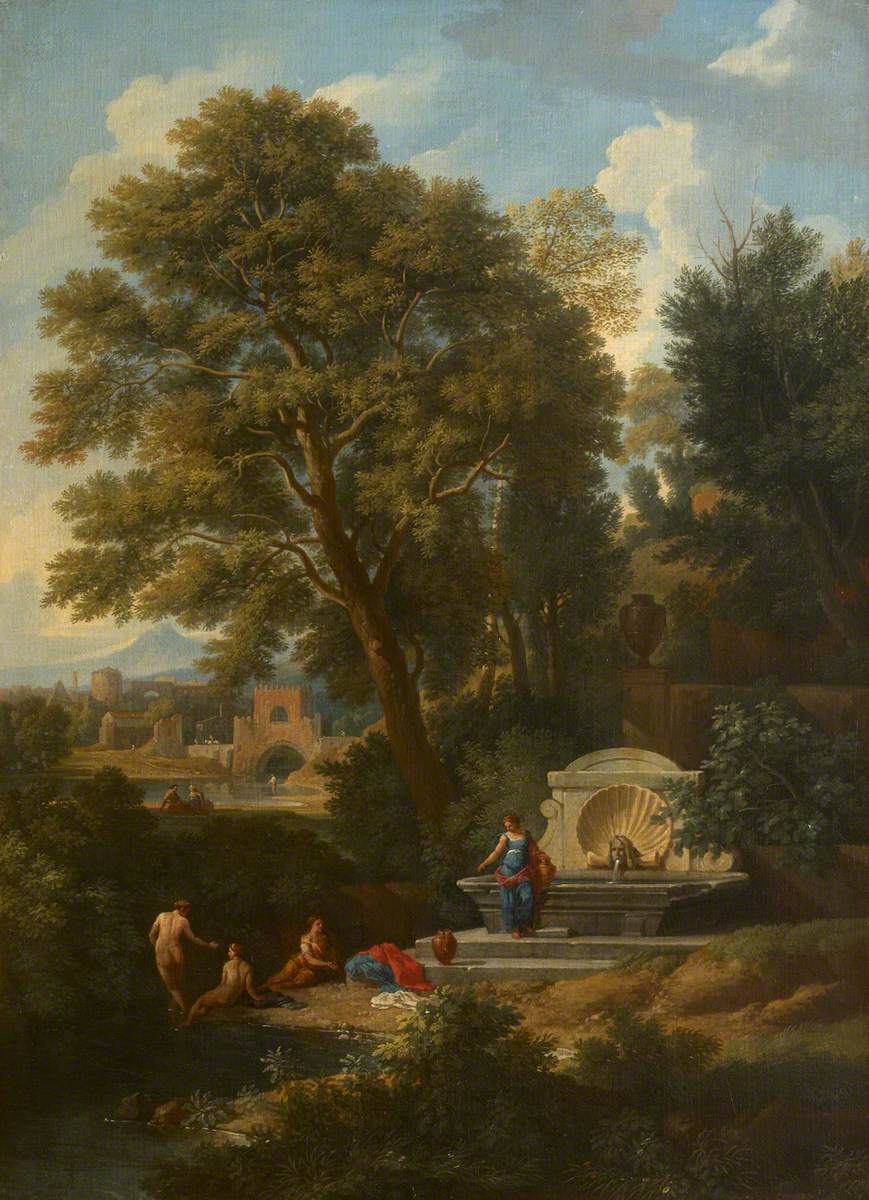 Jan Frans van Bloemen, A Classical Landscape with Ladies bathing near a Fountain
