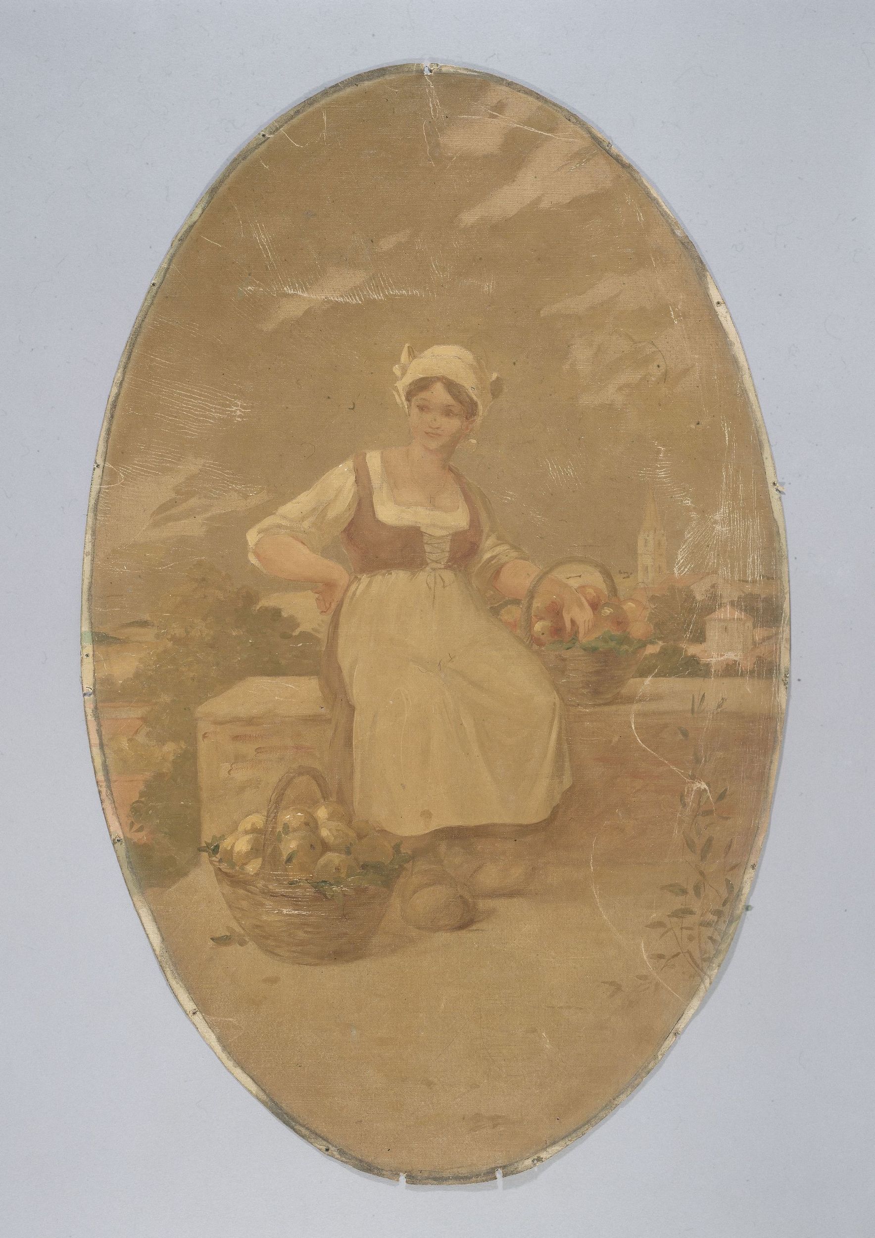 Anonyme, Fermière assise près de deux paniers de pommes. Peinture décorative pour le Café de Paris.