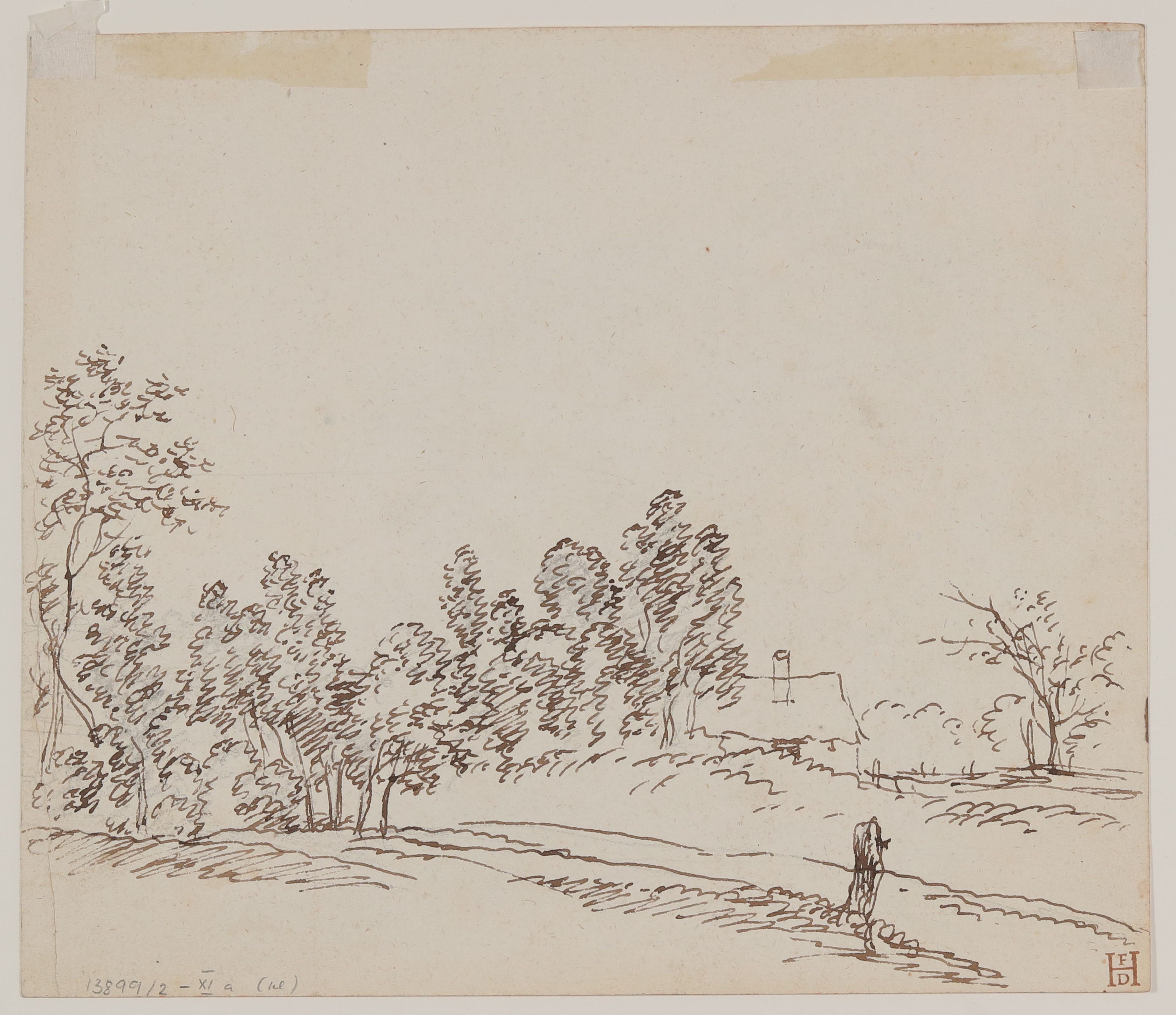 Bettine von Arnim, Landschaft mit Feldweg, Bäumen und einem Haus