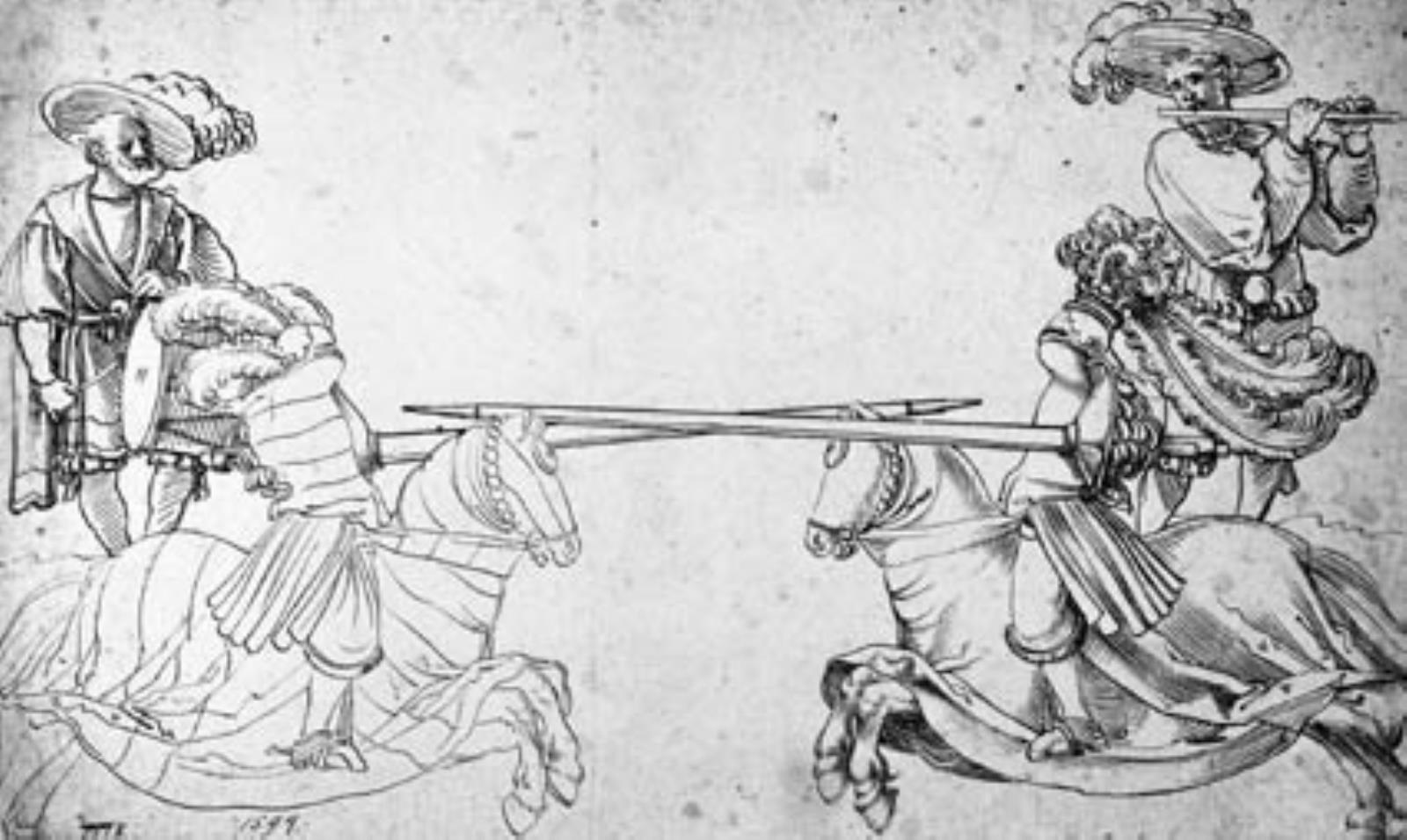 Hans Sebald Beham, To riddere med lanser stormer frem i turnering, mens en trommeslager og en fløjtenist assisterer i baggrunden