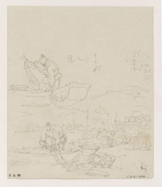 George Chinnery, Two sketches of a fisherman spreading his net from a beached boat