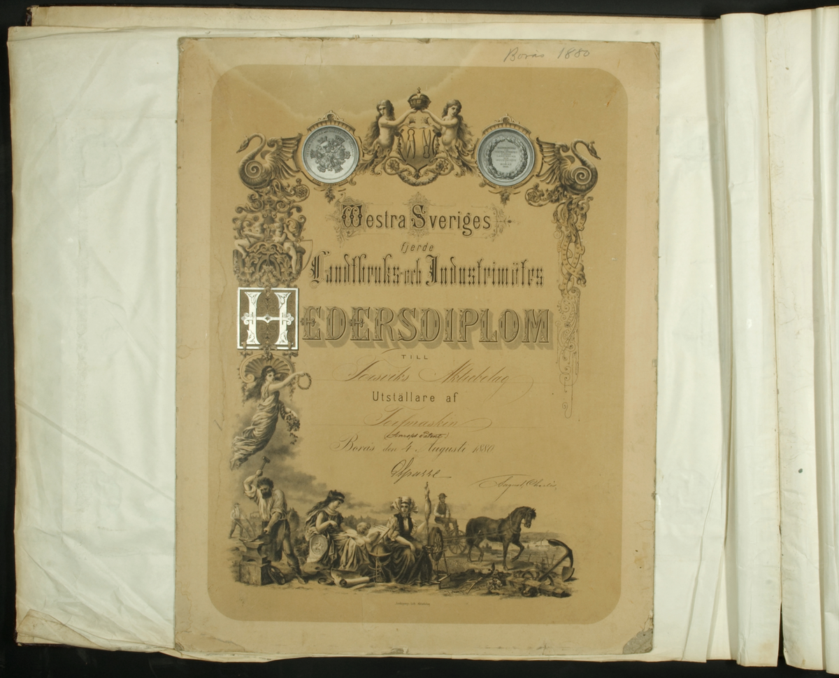 Unknown artist, Hedersdiplom Borås 1880, ur boken med ritningar mm 1868-1887, av den svenske torvmaskinkonstruktören Aleph Anrep.
