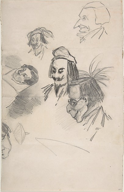Félicien Rops, Sketches of Six Heads in Profile (caricatures?) (recto); Sketch of Head and Blank Rectangle (verso)
