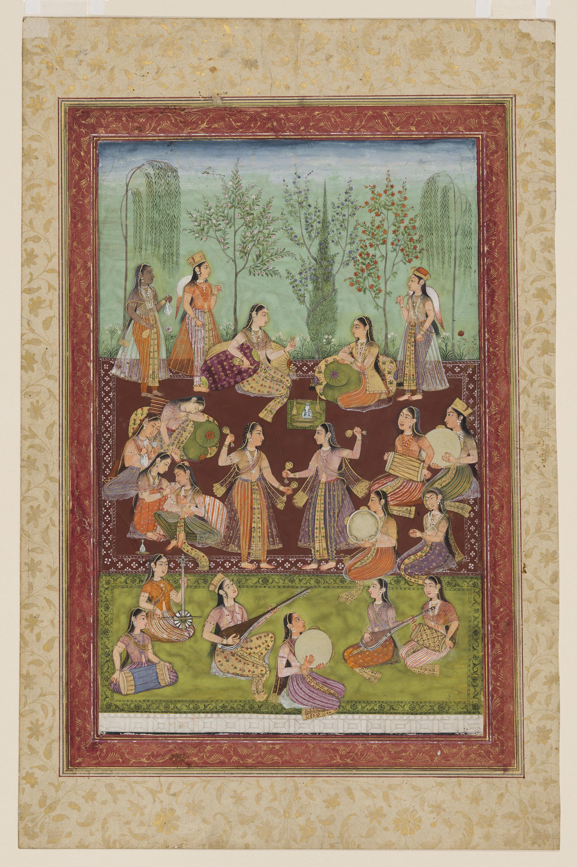 Unknown artist, A group of women in a garden, entertaining themselves with music and dancing