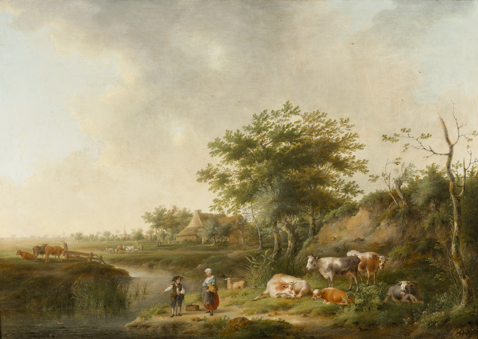 Balthasar-Paul Ommeganck, Landscape with farmhouse, cattle and an angler