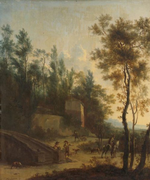 Frederik de Moucheron, Italian Landscape with Hunters