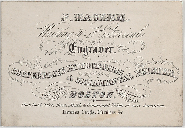 Anonymous, British, 19th century, Trade Card for J. Hasler, Writing & Historical Engraver