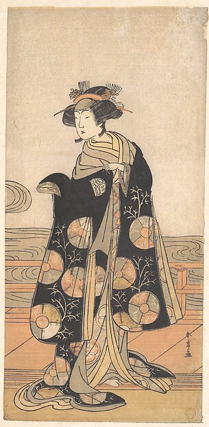 Katsukawa Shunshō　勝川春章, Yoshizawa Iroha as a Woman Standing on the Engawa of a House by a River