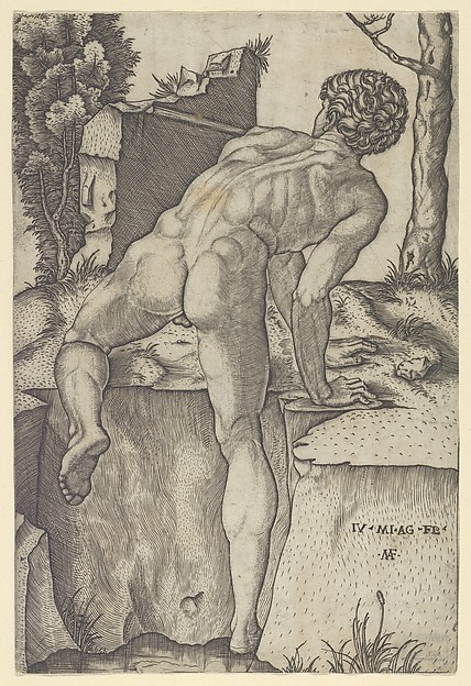 Marcantonio Raimondi, Naked man viewed from behind climbing a river bank, after Michelangelo