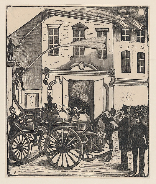 José Guadalupe Posada, Firefighters putting out a fire in a house, firetruck in foreground