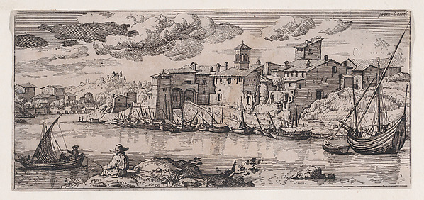 Anonymous, Fishermen on a river across from a town