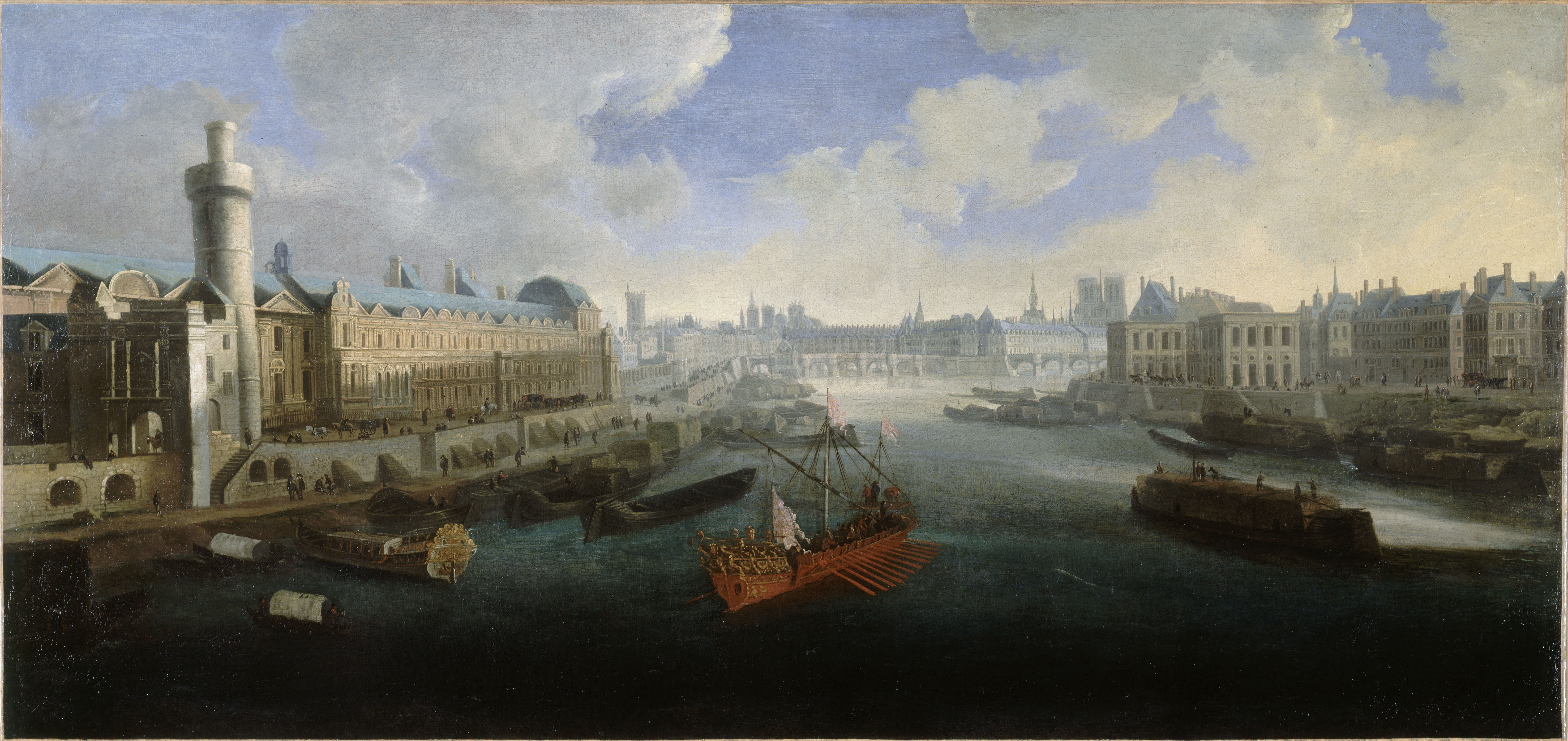 Anonyme, La Grande Galerie du Louvre, avec la porte Neuve, le Pont-Neuf, la Cité, le collège des Quatres-Nations en construction et le quai Malaquais, vers 1665. Sur la Seine, la galère royale.