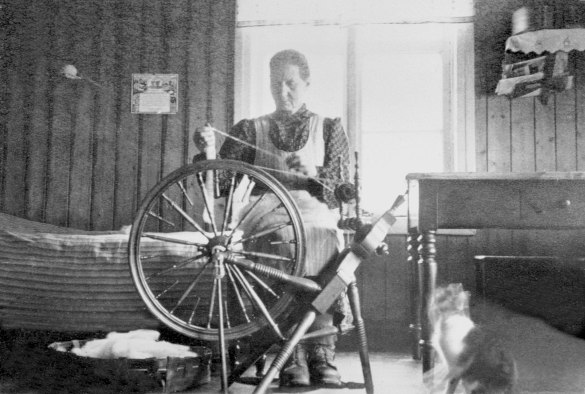 Anno Domkirkeodden, Anna Langgaard ved rokken, spinner av eget garn, Langgård øvre, Næroset, Ringsaker.