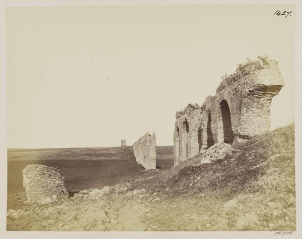 Parker, John Henry, Aqueducts - Part of the Arcade of Hadrian, miscalled of Alexander Severus, shewing the Specus and the Torre di Cento-Celle in the distance.
