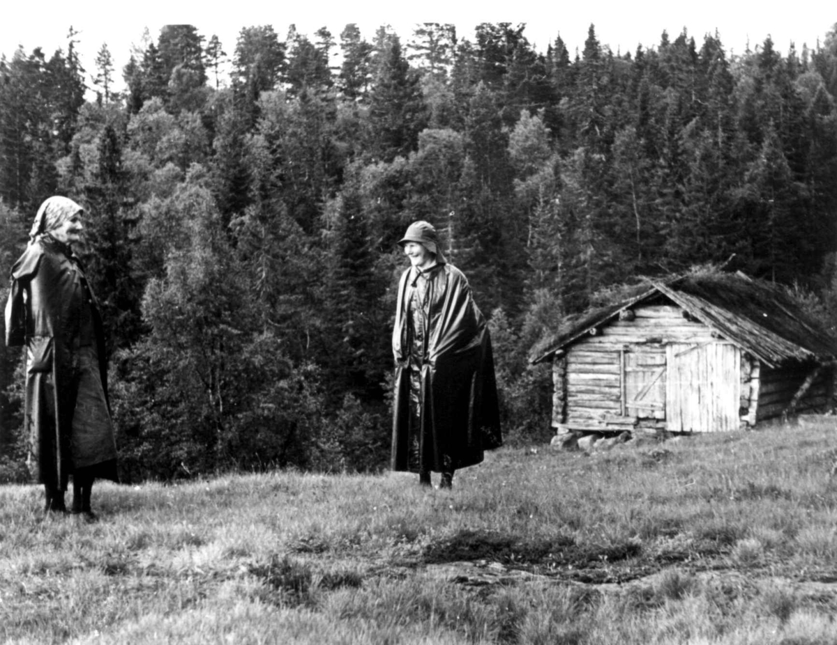 Anna Grostøl, Fry Gyro og en kvinne på tegersanking. Et uthus i bakgrunnen. Frøysnes, Bygland.