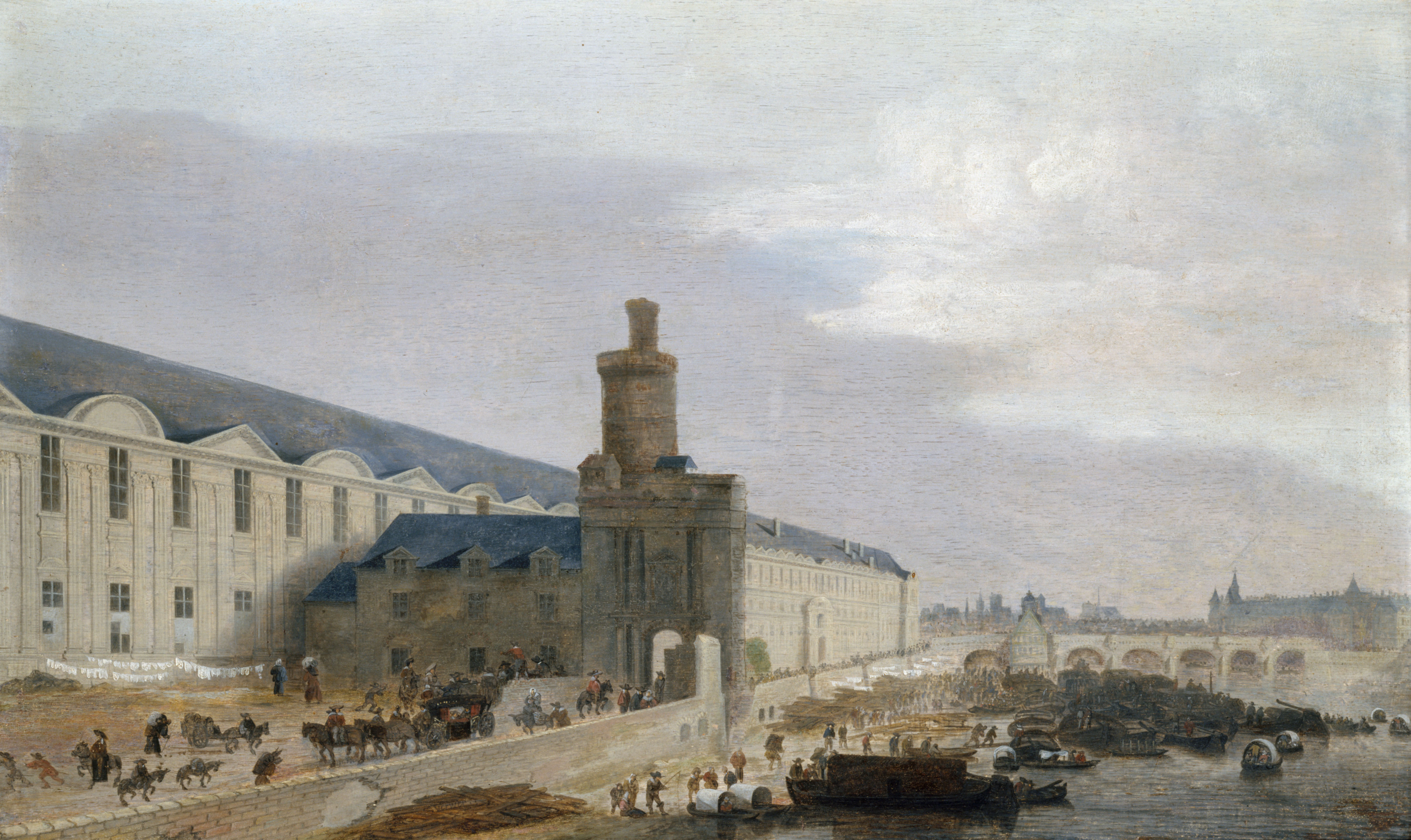 Abraham de Verwer, La Grande Galerie du Louvre avec la porte Neuve et la tour de Bois