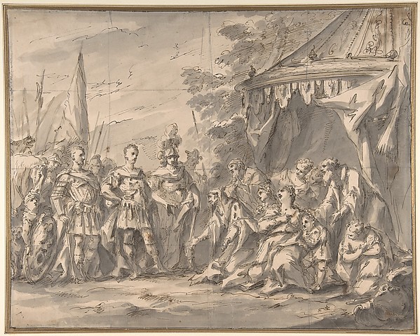 Gaspare Diziani, The Family of Darius before Alexander (recto); Sketch of a Horse-Drawn Cart, and Studies of Male Heads and an Infant (verso)