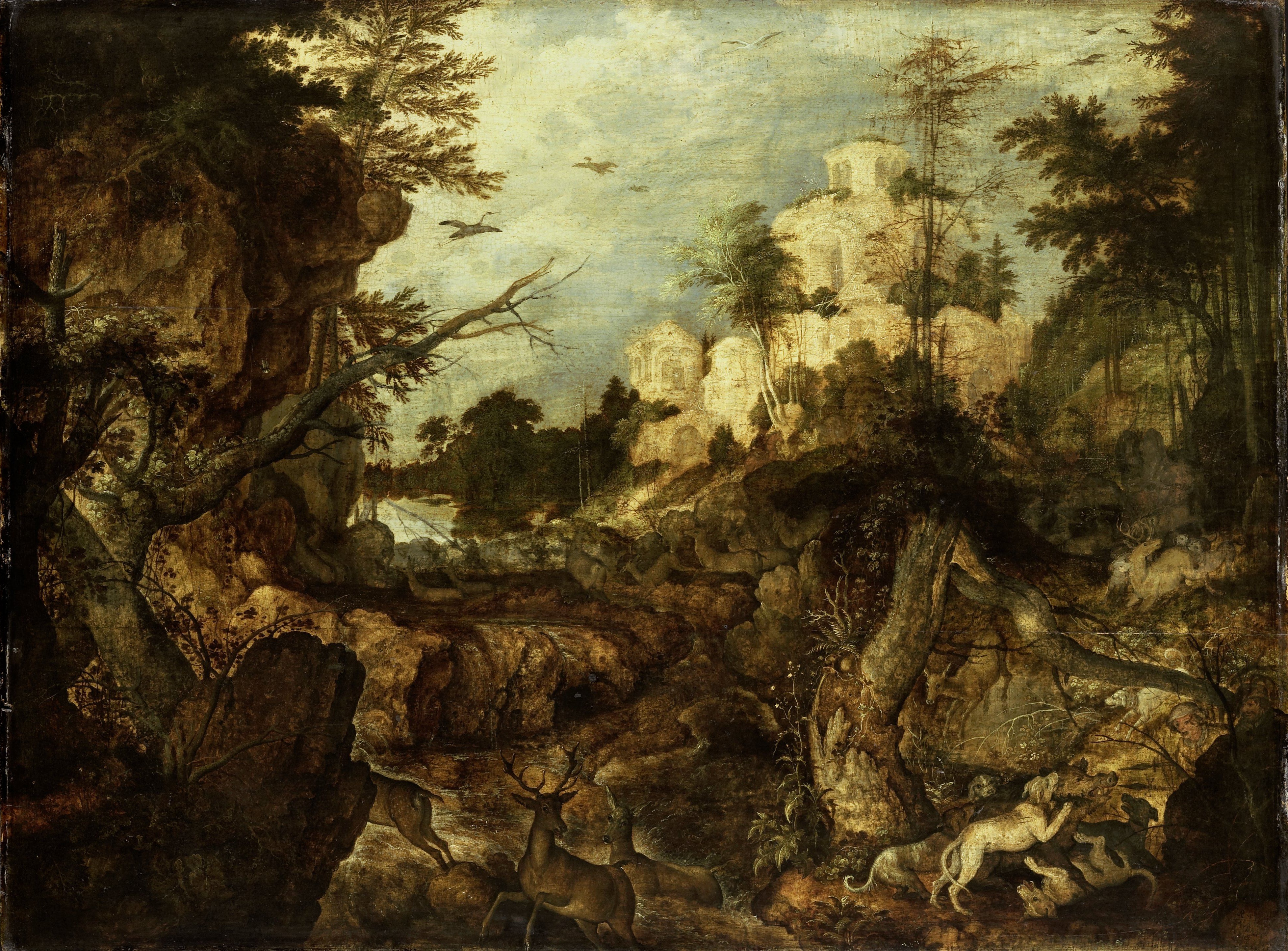 Roelant Savery, Wild boar hunt in a rocky landscape