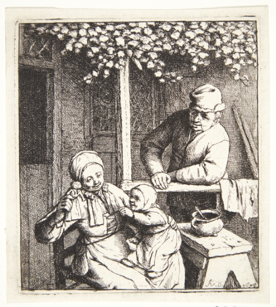 Adriaen van Ostade, Familie uden for et bondehus, moren med en trædukke i hånden