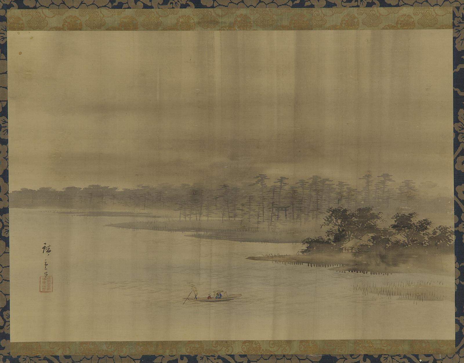Utagawa Hiroshige II, River landscape and temple in the rain