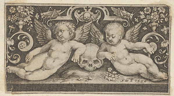 Nicolaes de Bruyn, Two Genii with a Skull and Grasshoppers