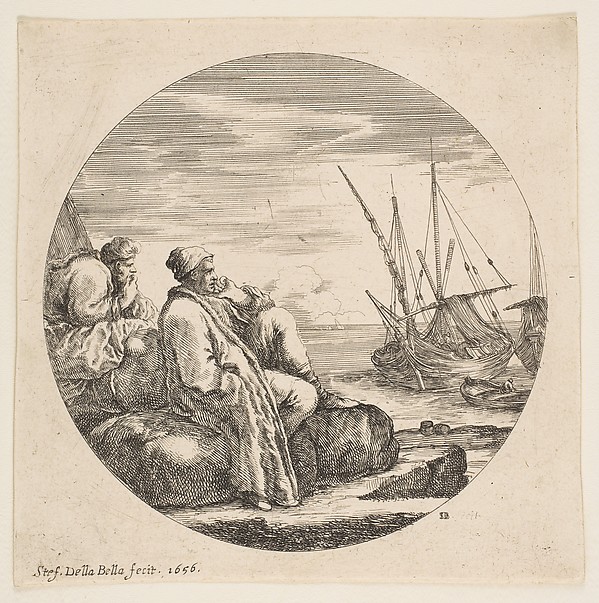 Stefano della Bella, Two Turkish Merchants in a Port, from "Landscapes and seaports" (Paysages et ports de mer, dans des ronds)