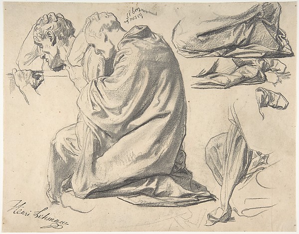 Henri Lehmann, Kneeling Draped Male Figure, Facing Left