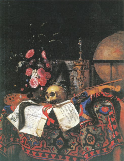 Cornelis Norbertus Gijsbrechts, Vanitas still life with bouquet of flowers, painters palette, globe, violin and acorn cup