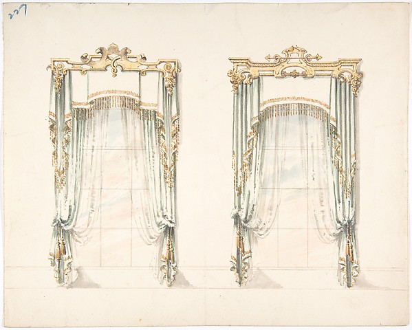 Anonymous, British, 19th century, Design for Two White Curtains with Gold Fringes and a White and Gold Pelmets