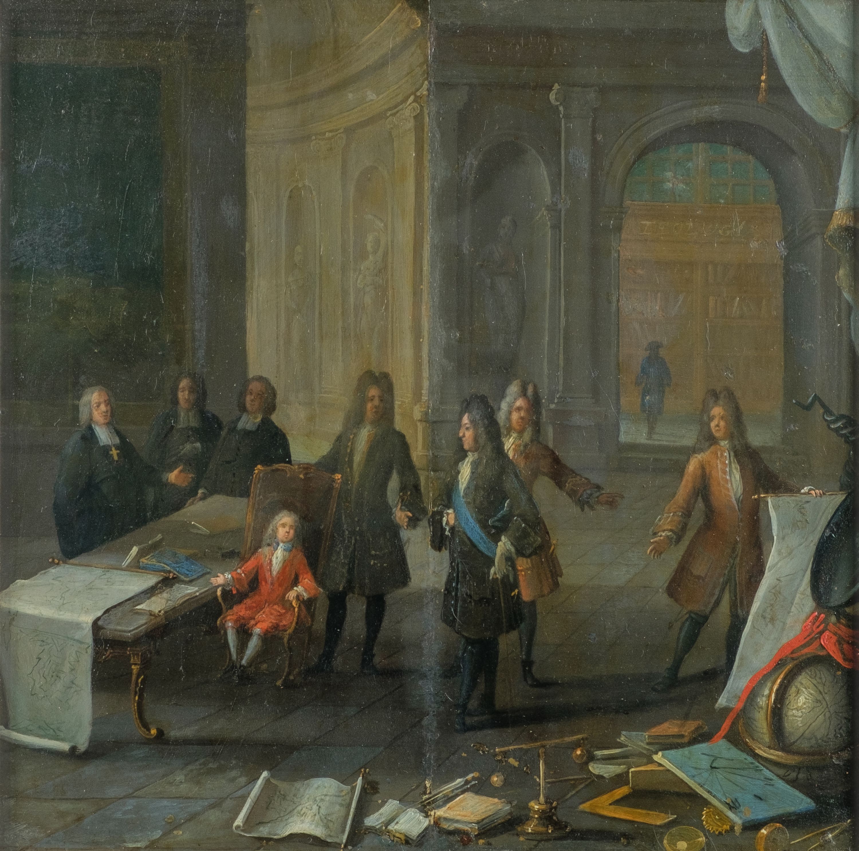 Anonyme, Louis XV enfant recevant une leçon, en présence du cardinal de Fleury et du Régent.
