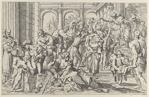 Anonymous, Saint Roch at right distributing alms to a group of people gathered around him, after Annibale Caracci
