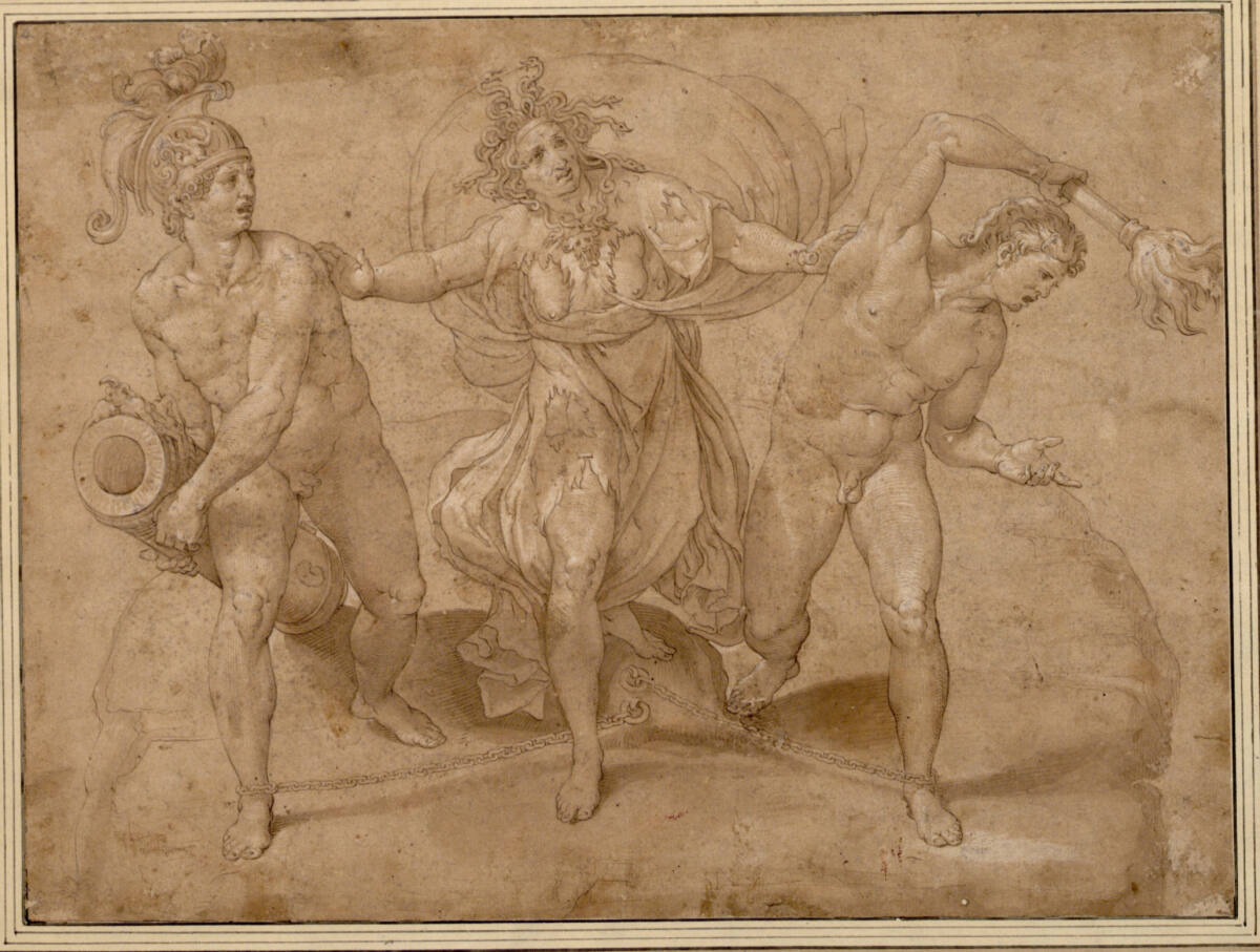 Anonym, Allegorie des Krieges. (Mitten auf einem Felshügel eine weibliche Gestalt (die Wut) zwischen zwei nackten Männern (Krieg und Verwüstung), die an den Fels geschmiedet sind)