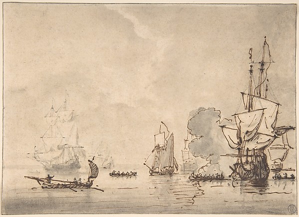 Willem van de Velde I, A Frigate at Anchor, Saluting a Nearby Yacht