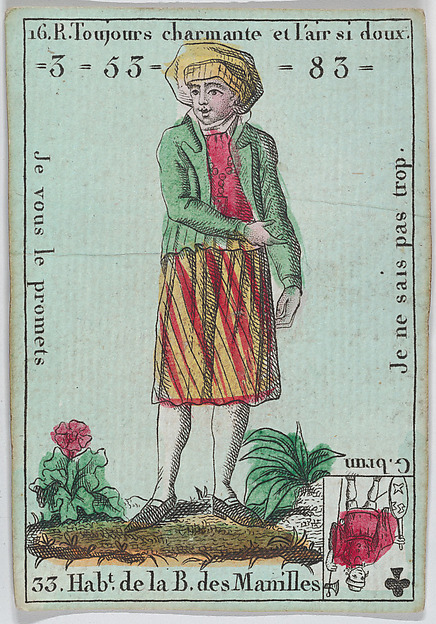 Anonymous, French, 18th century, Hab.t de la B. des Manilles from playing cards "Jeu d'Or"