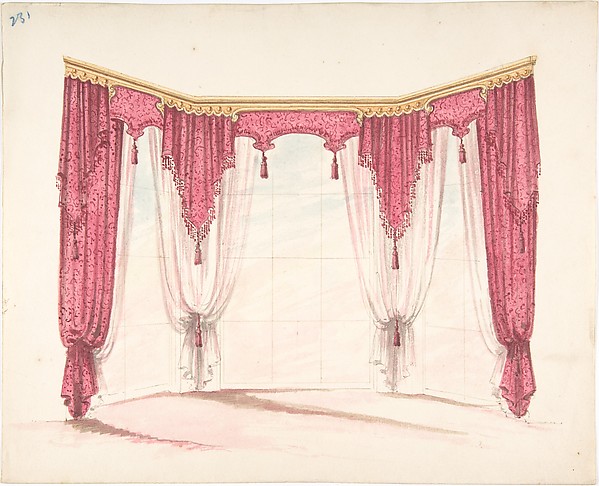 Anonymous, British, 19th century, Design for Red Curtains with Red Fringes and a Gold Pediment