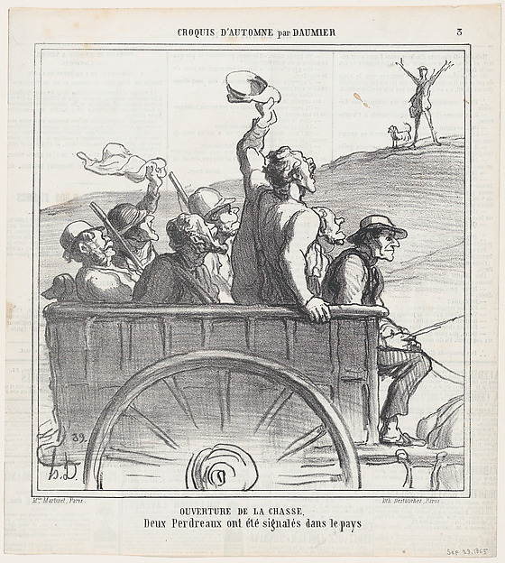 Honoré Daumier, Opening of hunting season, it seems that two partridges have been sighted in the area, from 'Autumn sketches,' published in Le Charivari, September 25, 1865