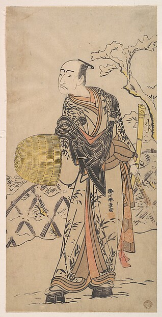 Katsukawa Shunshō　勝川春章, The First Nakamura Nakazo as a Komuso Standing in the Snow by a Fence
