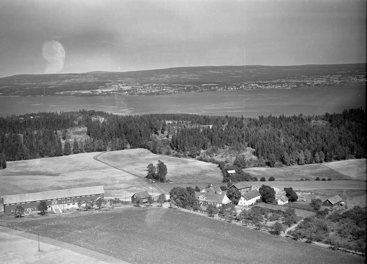 Anno Domkirkeodden, Flyfoto, gardsbruk, Eik, Helgøya, Bakkely(revet) bak mot skogen, Mjøsa, Hamar.