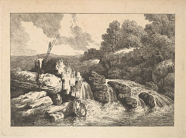 Thomas Rowlandson, Landscape with Two Fishermen Climbing Rocks Next to a Waterfall