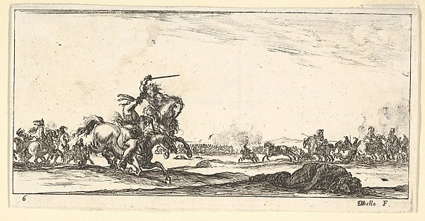 Stefano della Bella, Plate 6: a skirmish between two horsemen to left, a dead man on the ground to the right, combat in the background, from "Troops, cannons, and attacks on towns" (Dessins de quelques conduites de troupes, canons, et ataques de villes)