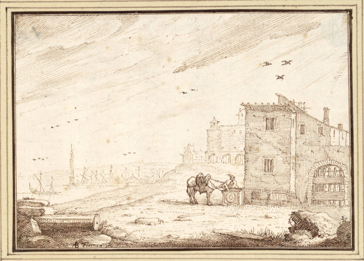 AlbertFlamen, Südliche Küstenlandschaft mit Hafen und Maultier am Brunnen (II-28)