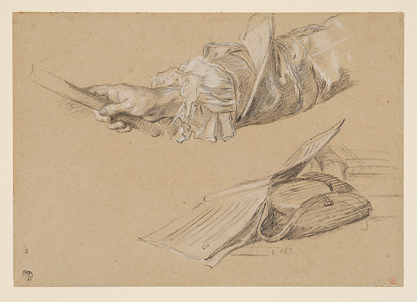 Anonymous, French, 18th century, Studies of an arm, an open book, and a tricorn