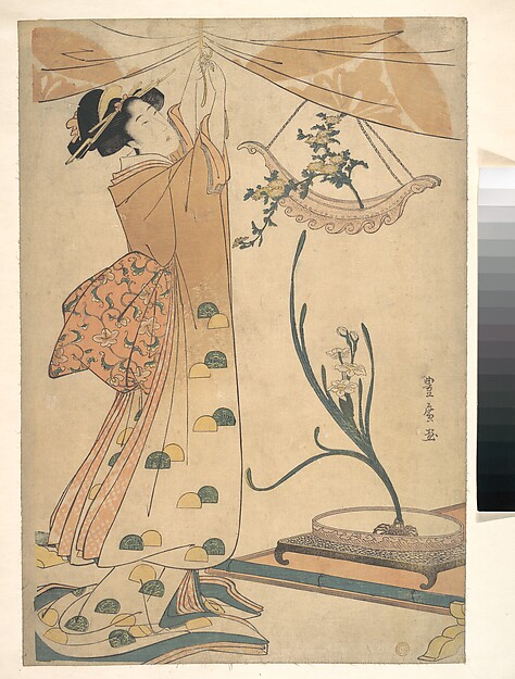 Utagawa Toyohiro, A Woman Tying up a Curtain, a Flower Arrangement of Chrysanthemums in a Boat-shaped Hanging Vase, and Narcissus Arranged in a Flower Vase