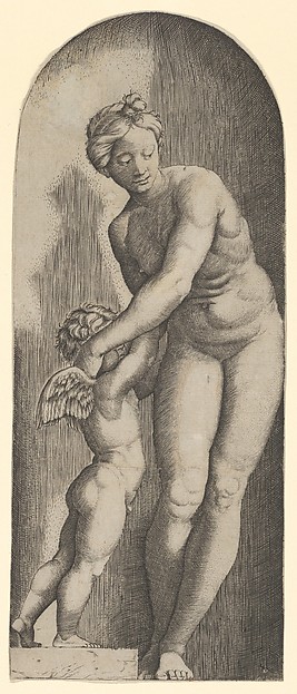 Marcantonio Raimondi, Venus and Cupid standing in a niche
