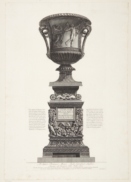 Giovanni Battista Piranesi, Marmorvase med en frise af fauner, udgravet ved Pantanello af Gavin Hamilton og placeret oven på en urne