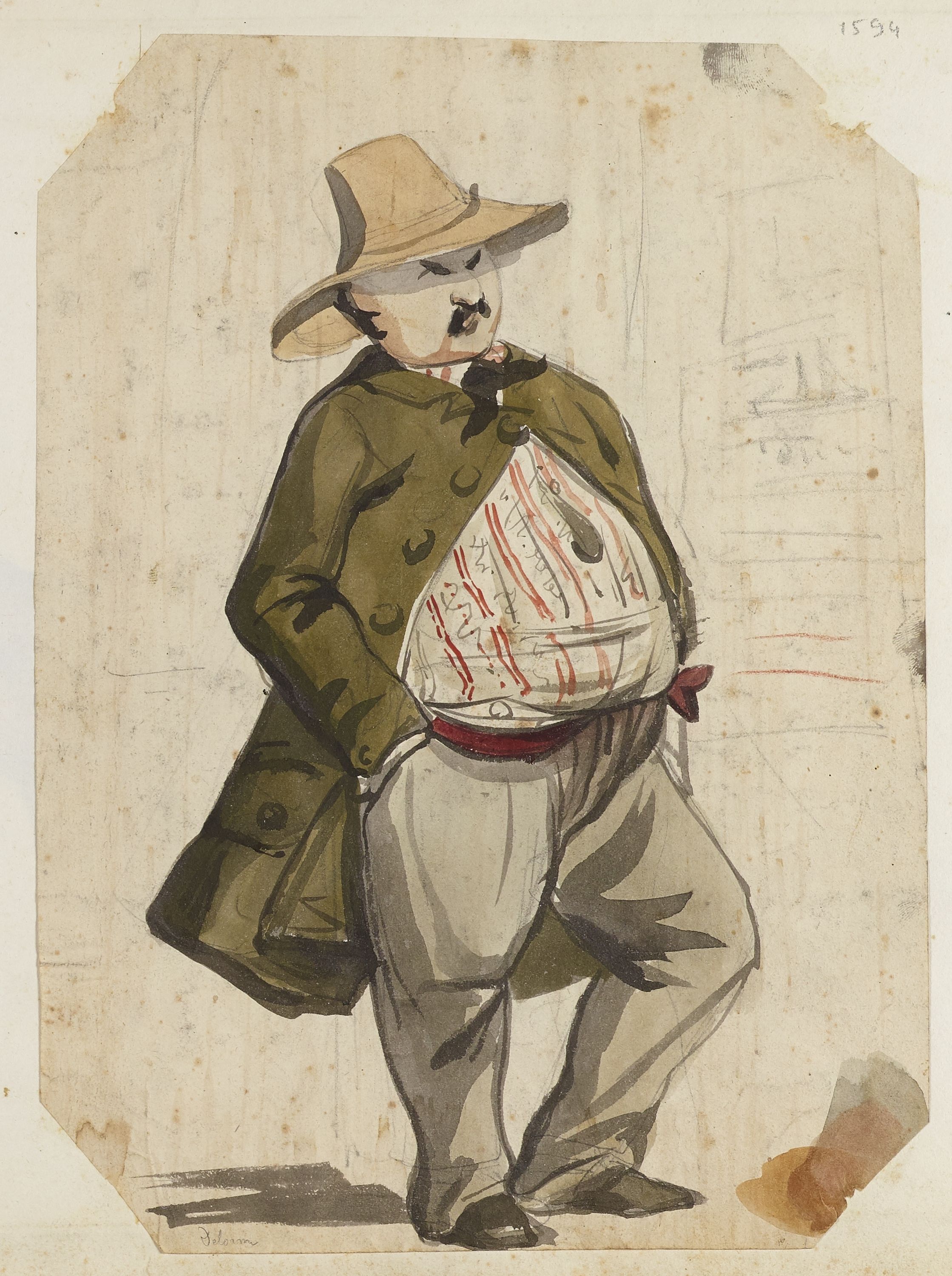 Anonyme, Portrait-charge d'un homme moustachu coiffé d'un chapeau (Delorme)