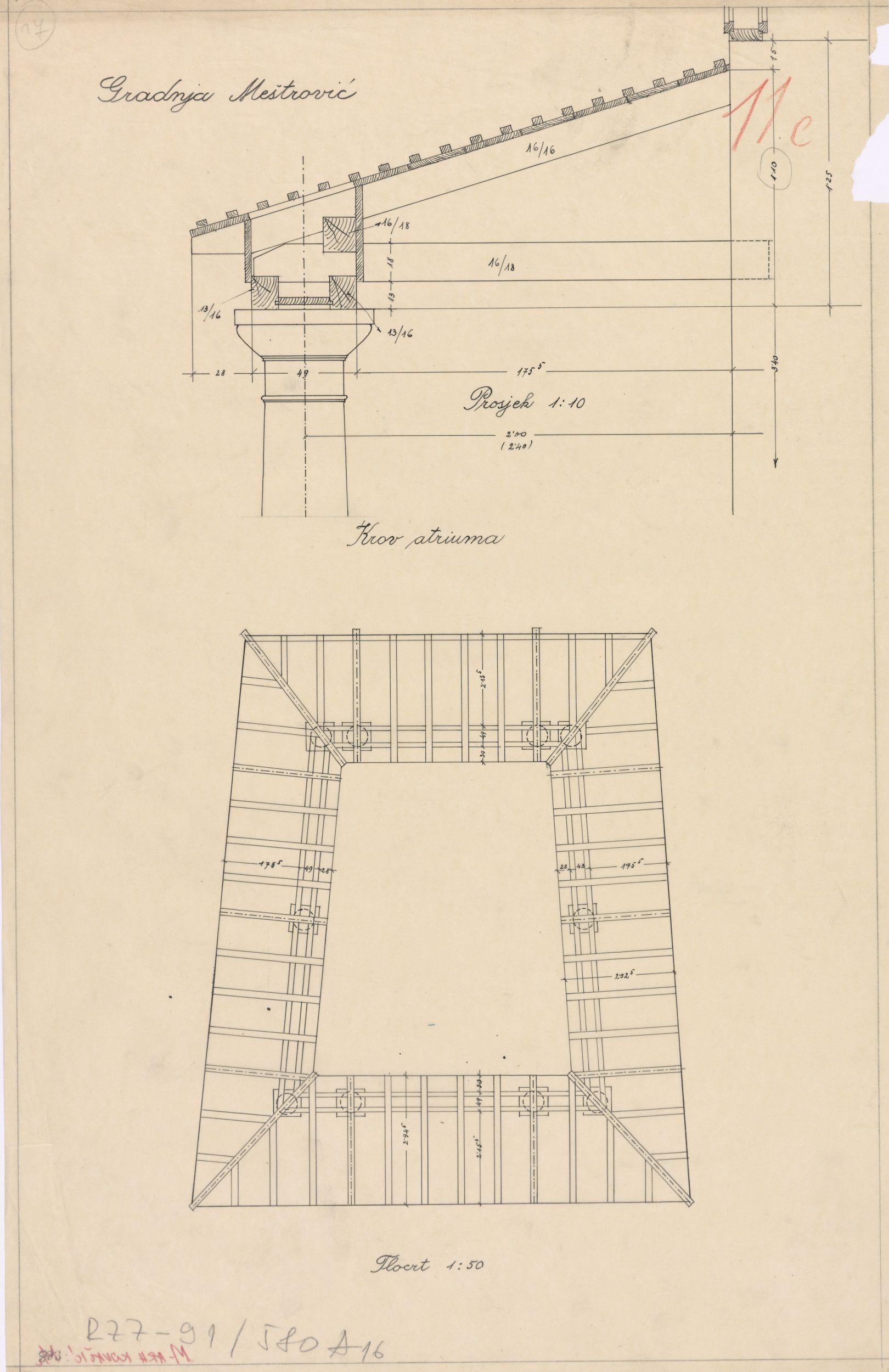 Viktor Kovačić, Meštrovićev atelijer (Ivan Meštrović), tlocrt/detalj stupa s krovištem/atrij
