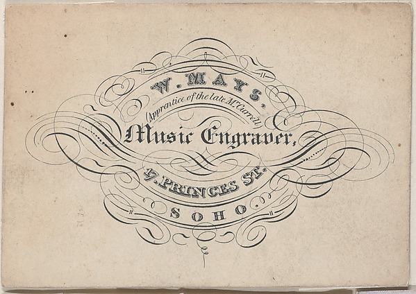Anonymous, British, 19th century, Trade Card for W. Mays, Music Engraver