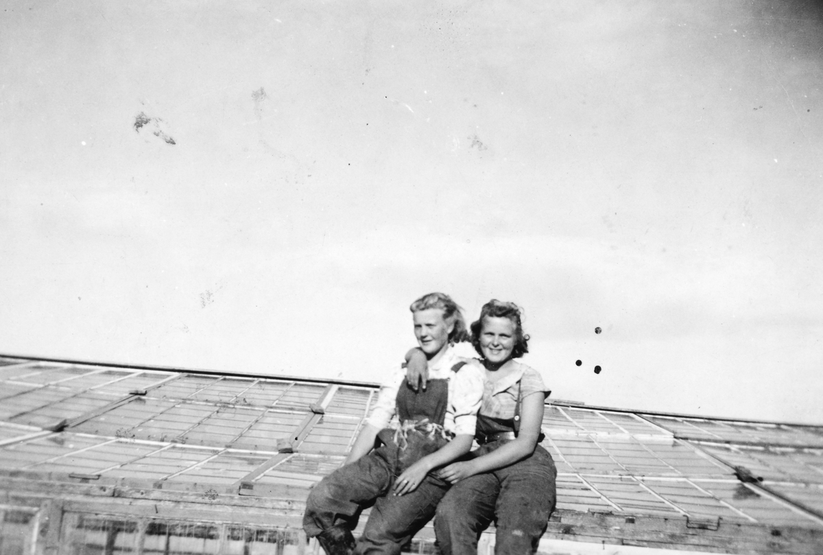 Anno Domkirkeodden, Inger Jensbak og Martha Asperud i gartneriet på Sakslund, antagelig 1942-43
