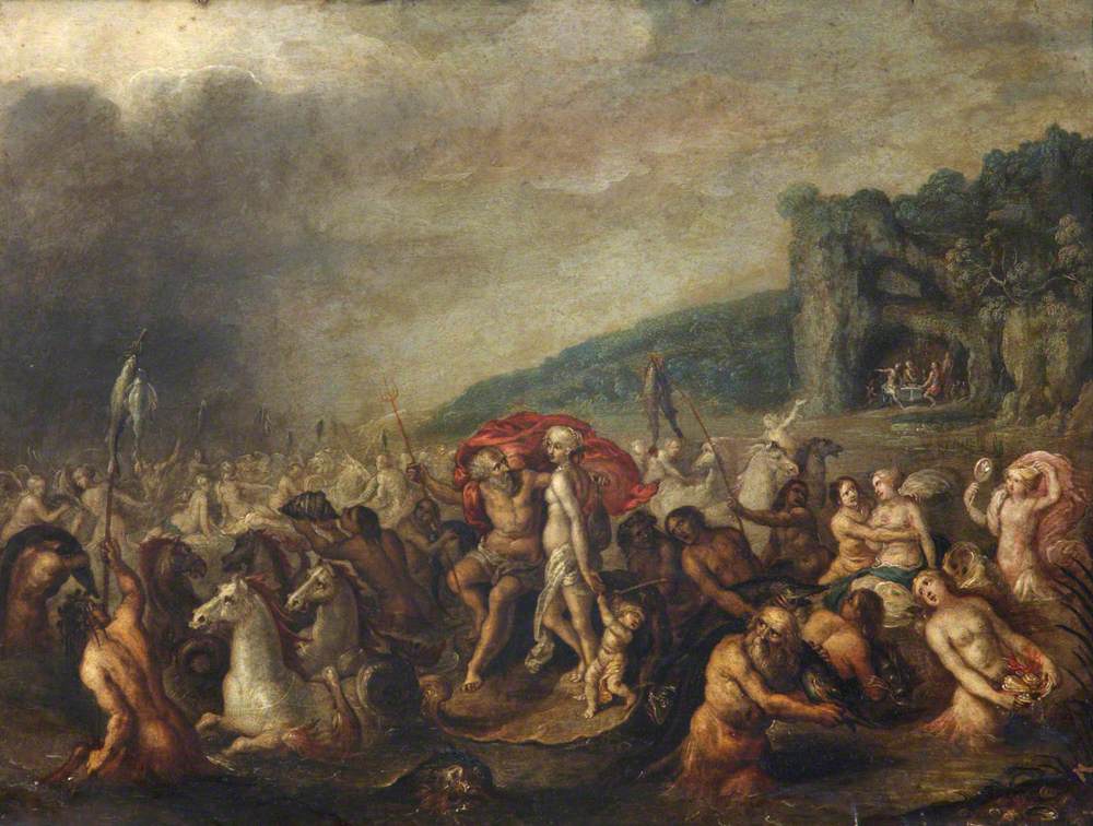 Frans Francken the Younger, Triumph of Neptune and Amphitrite with Distant Figures feasting in a Cave